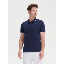 Рубашка поло мужская Pasadena Men 200 с контрастной отделкой, темно-синяя (navy) с неоново-оранжевым